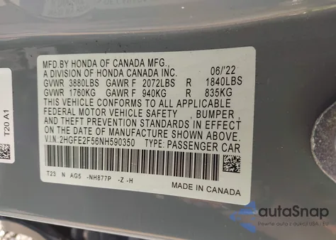 2022 Honda Civic Sport from USA, damaged, VIN 2HGFE2F56NH590350